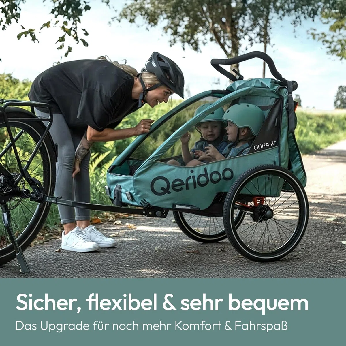 Qeridoo QUPA 2 Plus Mineral Blue | Fahrradanhänger für 2 Kinder mit Federung & 3-in-1-Verdeck | Kinderfahrradanhänger & Jogger Kinderwagen | Faltbarer Fahrrad Anhänger für Familie & Alltag