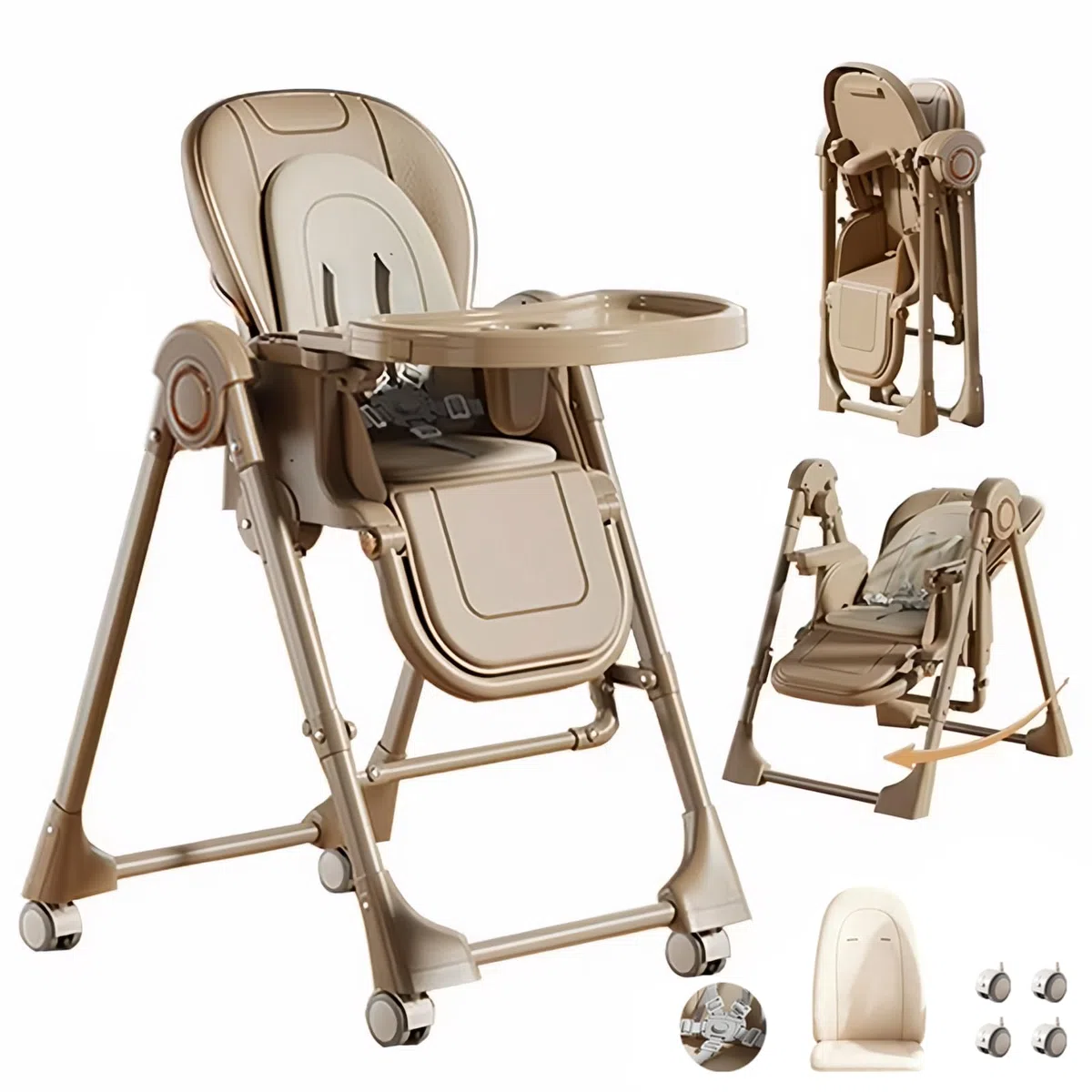 Baby Hochstuhl 2-in-1 Dining Swing Mode, Multifunktional Faltbar Umwandelbar mit 6 Verstellbaren Höhen und 3 Liegepositionen (8121 Khaki)