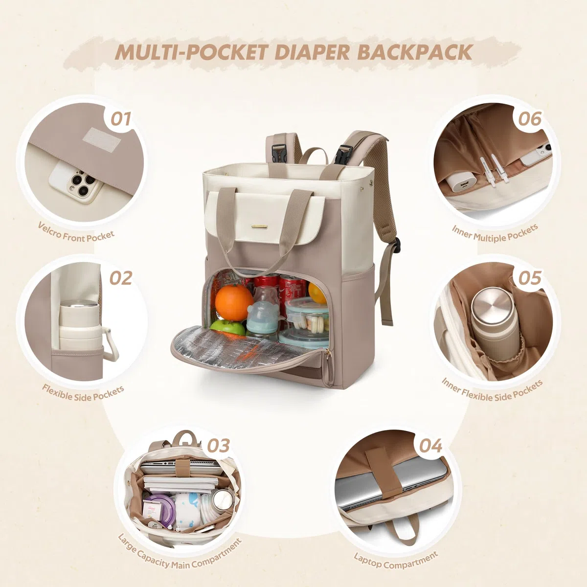 GOLF SUPAGS 25L Baby Wickelrucksack mit Tragbarer Wickelauflage und Kinderwagengurte, Lsoliertes Lunch Rucksack, Diaper Bag Babytasche Multifunktional für Mama und Papa (Champagnerfarben & Weiß)