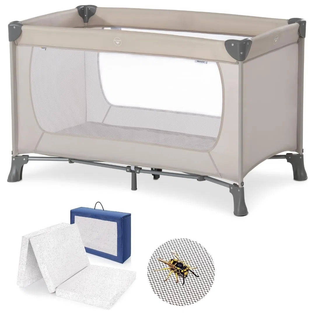 Hauck Baby Reisebett Set Dream N Play mit Alvi Komfort Matratze und Moskitonetz - faltbares Kinder Babyreisebett - Beige