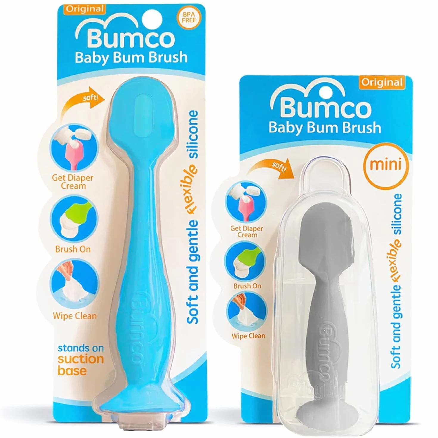 Bumco Baby Essentials für Neugeborene – Baby Bum Brush Original Windel Rash Cream Applikator, weicher, einzigartiges Geschenk plus Mini-Windelausschlag-Creme-Applikator mit Reiseetui, Blau & Grau | BPA-frei – Wickeltasche mit Saugnapf-Boden. Inklusive Rei