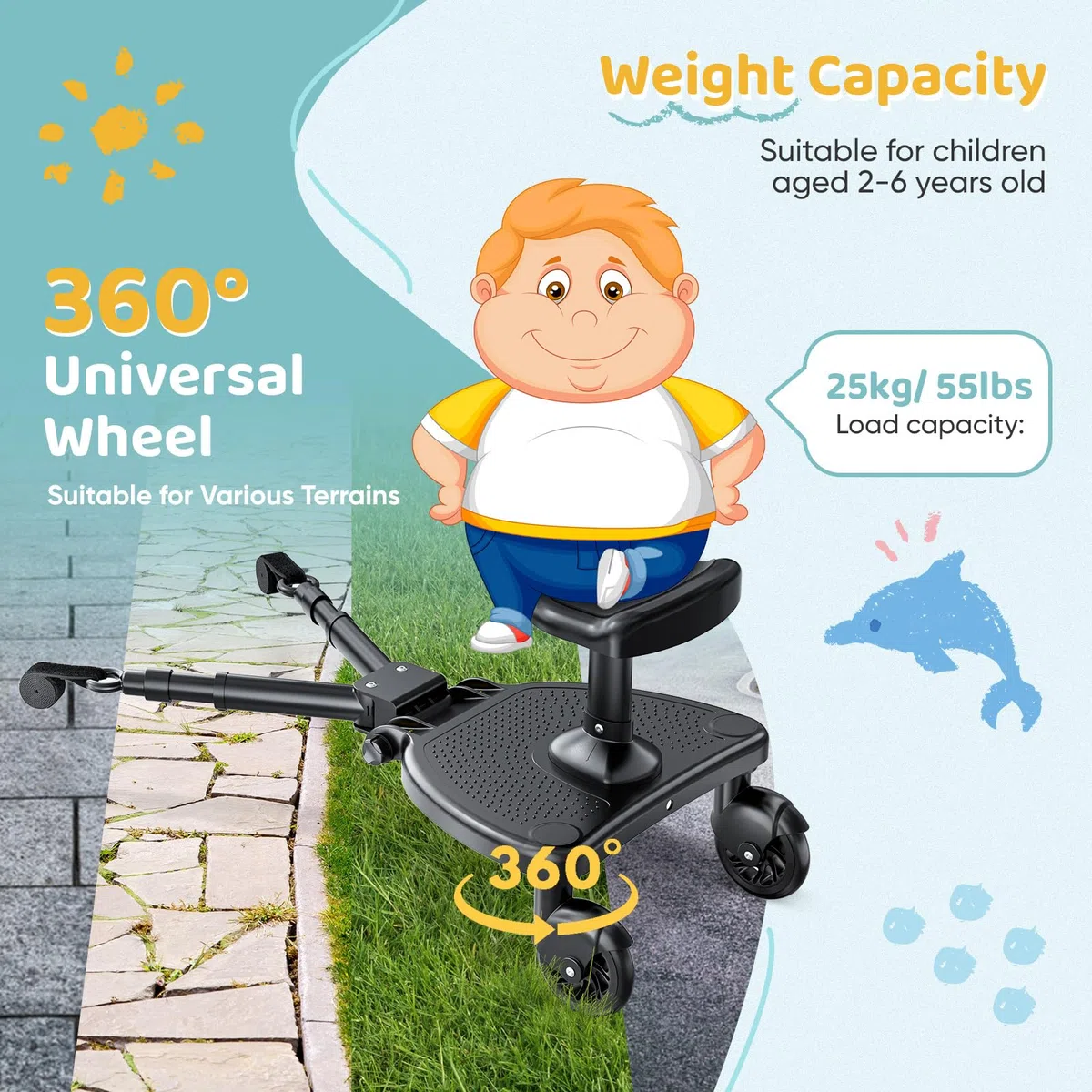 Buggy Board mit Großer Sitz, Trittbrett Für Knderwagen Universal, Buggy Board mit Sitz für Kinder von 2-6 Jahren, Bearing 25KG (Schwarz)