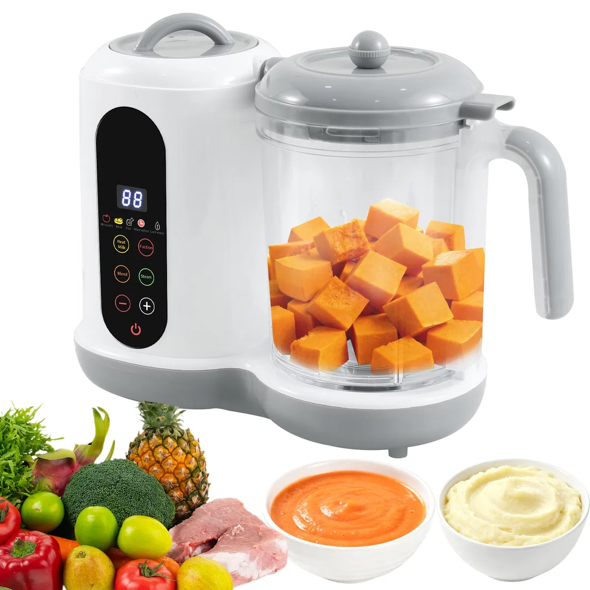 Babynahrungszubereiter, 400ML Baby Food Maker, Babybrei Zubereiter, Dampfgarer Mixen, mit voreingestellten Modi 4 Menüs, automatisches Kochen und Mahlen, Selbstreinigung, Touchscreen-Steuerung