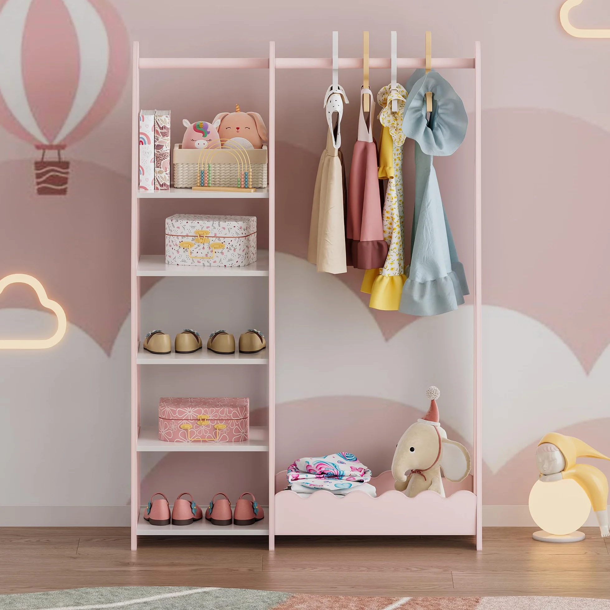 [en.casa] Kindergarderobe stehend Vestnes Kinder Kleiderschrank mit Kleiderstange 114 x 77 x 30 cm Kleiderständer mit Regal Wellendesign Cotton Candy/Weiß