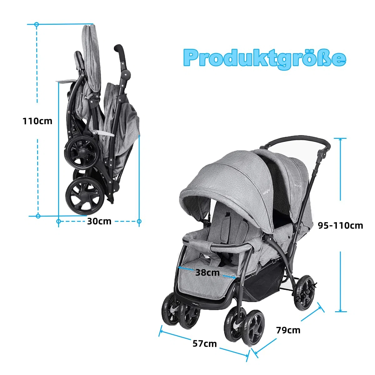RELAX4LIFE Doppel Kinderwagen Klappbar, Geschwisterwagen mit 5-Punkt Sicherheitsgurten, Buggy Wagen mit Verstellbarem Lenker & Rückenlehne, ab der Geburt Nutzbar bis 15 kg, Grau