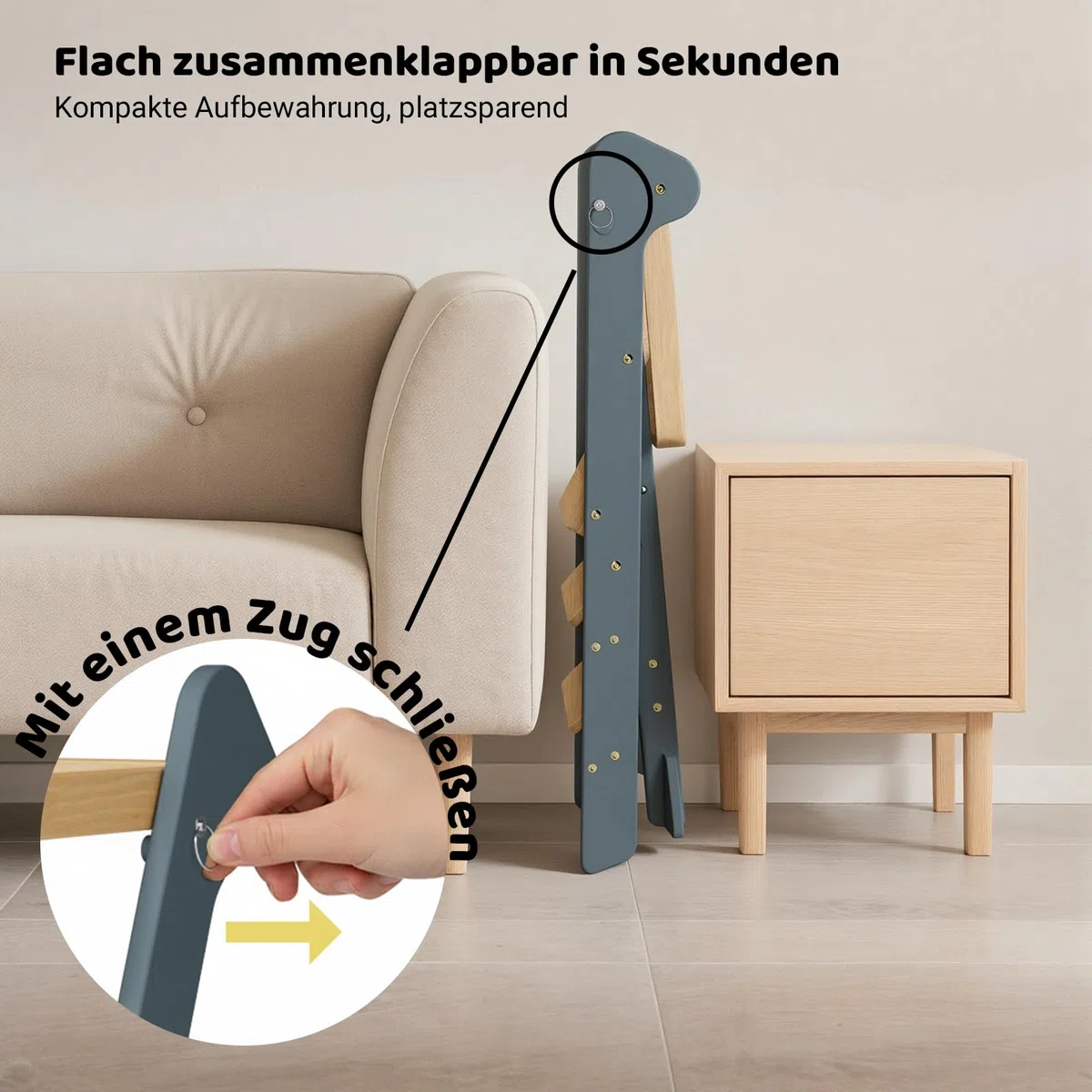 COSYLAND Lernturm ab 1 Jahr klappbar – iF Design Award Gewinner, höhenverstellbarer Lernturm mit Sicherheitsnetz, Montessori Learning Tower/Lernstuhl für Kinder, Holz (Schieferblau & Natur)
