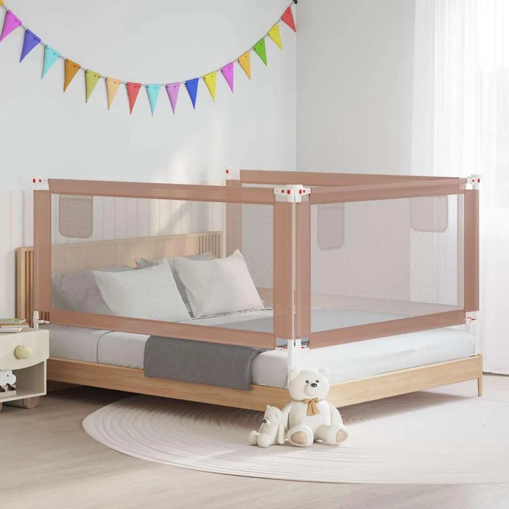 Kleinkind-Bettschutzgitter Taupe 180x25 cm Stoff mit klappbarem Seitengitter, höhenverstellbar, sicherer Rausfallschutz für Babybett, Kinderbett, Elternbett und Boxspringbett