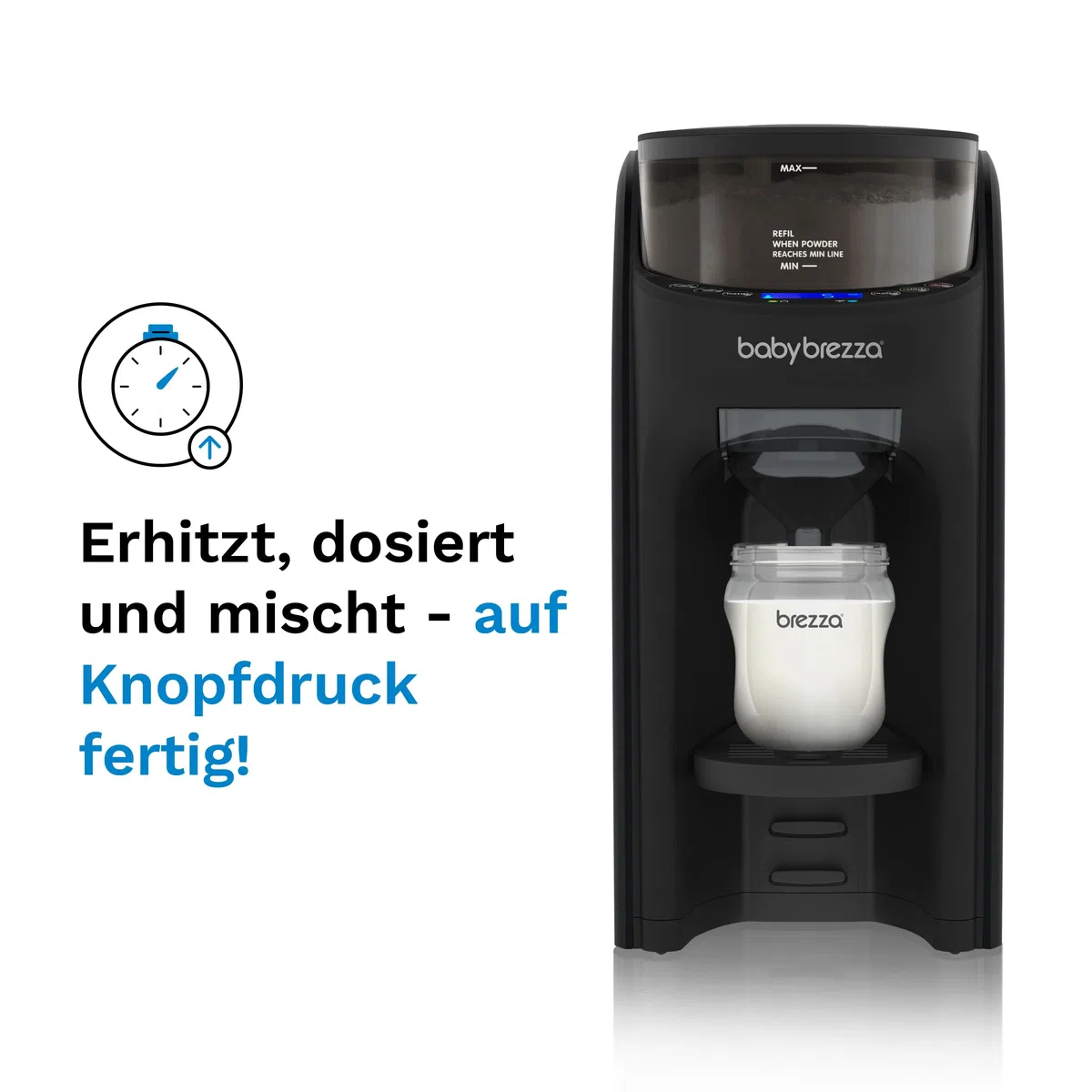 Baby Brezza Formula Pro Advanced – Automatischer Flaschenzubereiter | Mischt Milchpulver & Wasser perfekt – Mit 2 Milchpulvertrichtern (1 im Gerät, 1 extra) – 3 Temperaturen – BPA-frei – schwarz