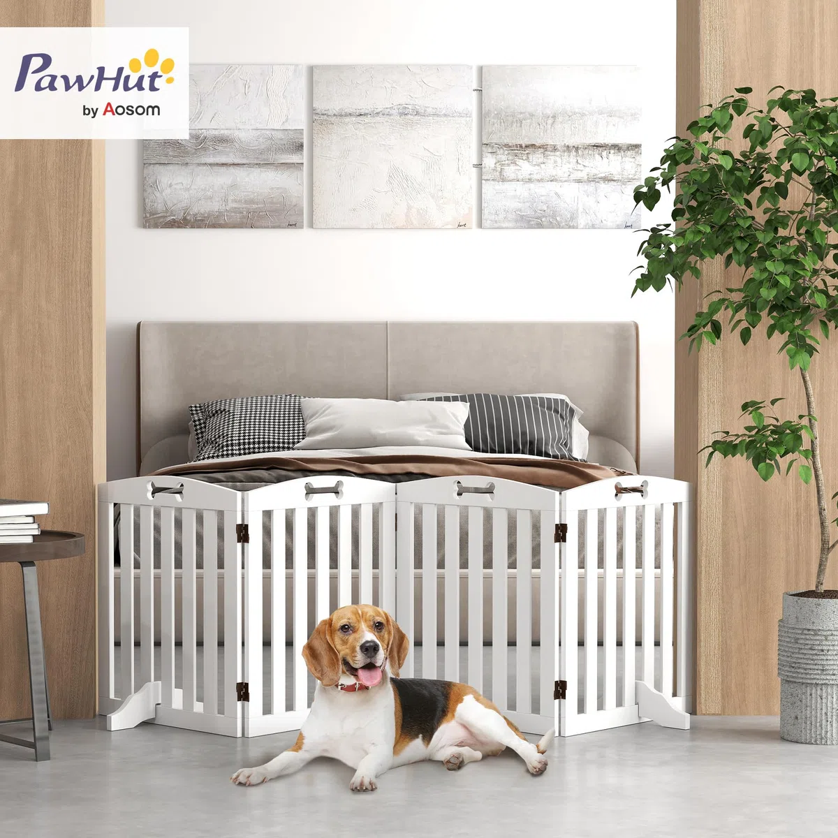 PawHut Absperrgitter Hund Klappbar mit Füßen 207,5 x 61 cm 4 Paneelen Weiß | Freistehendes Schutzgitter, Klappgitter für Katzen, Treppenschutzgitter, Türschutzgitter, Treppengitter, Treppen, Türen