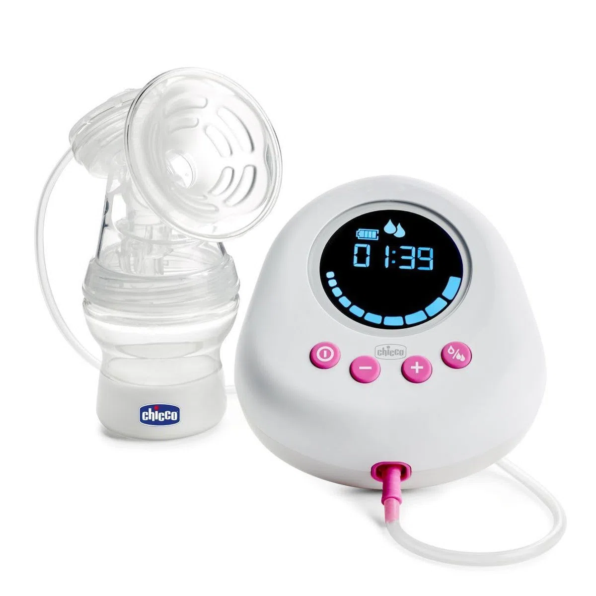 Chicco Elektrische Milchpumpe mit Stimulations- und Extraktionsphasen, 10 Intensitätsstufen, Komfortabel und schnell, ergonomische Form, mit geneigtem Sauger und auslaufsicherem Deckel, Weiß, 150 ml