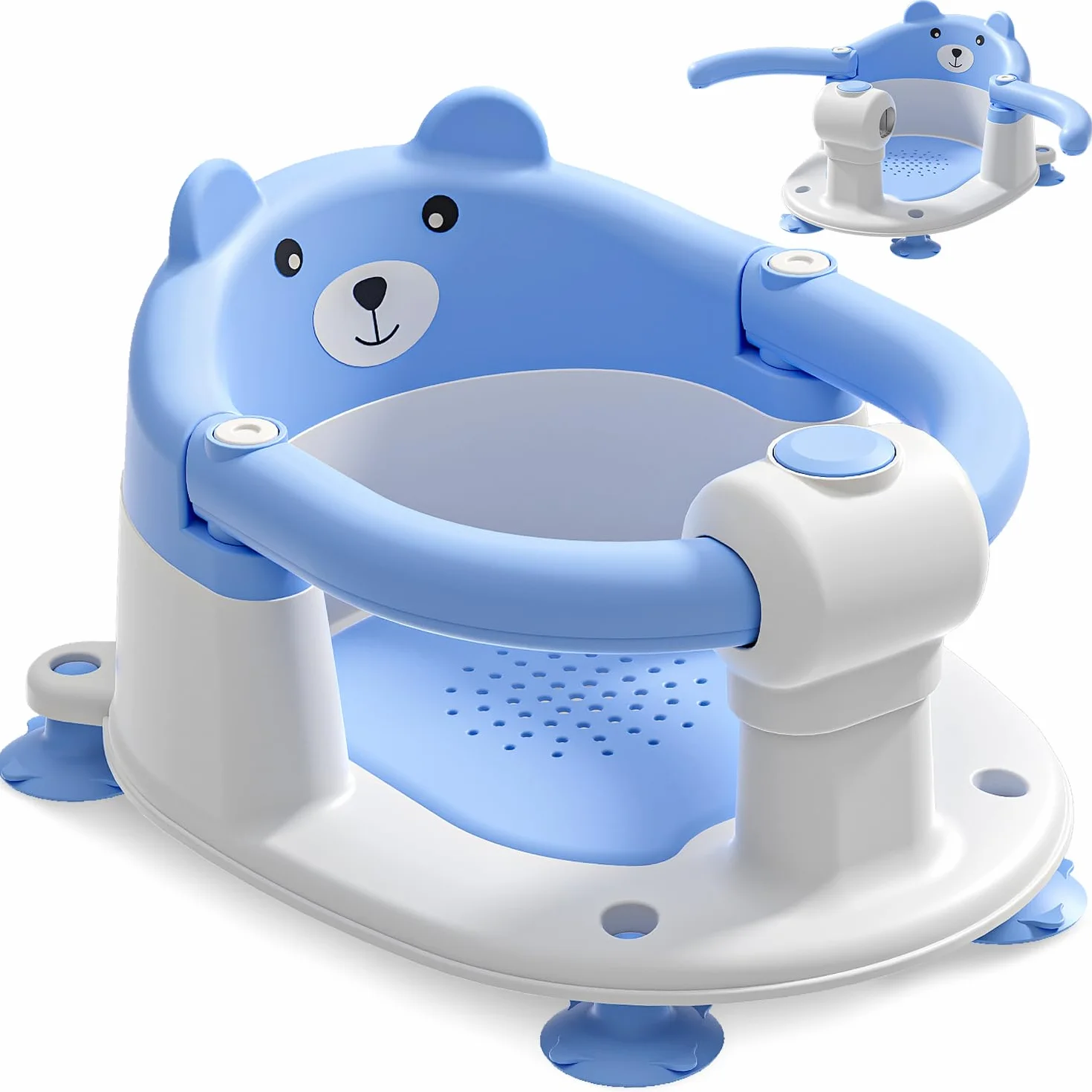 Badewannensitz Baby ab 6 Monate, Bär Rutschfester Badesitz Baby mit 4 Saugnäpfen und Kissen für Kleinkinder und Neugeborene, Sicherer Tragbarer Badstuhl für Dusche oder Badewanne, Blau