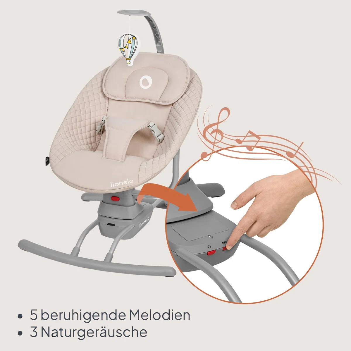 LIONELO RIO Elektrische Babywippe für Kleinkinder bis zu 9 kg | Verstellbare Rückenlehne 3 Wiegegeschwindigkeiten, Polster Sitzgurte Melodien und Geräusche der Natur Leichtes Gewicht 3,5 kg