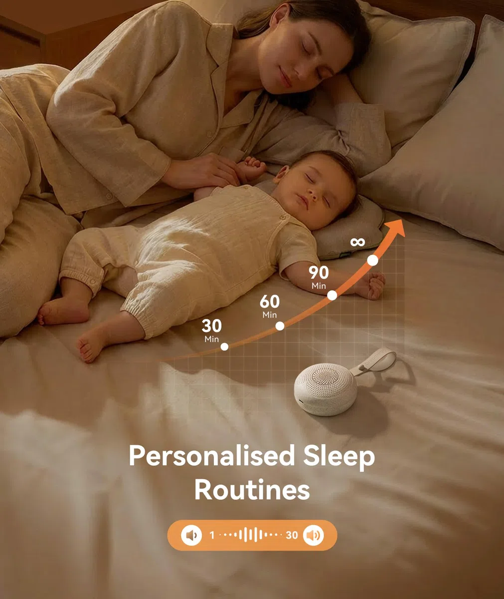 Dreamegg Tragbare White Noise Machine Babys aus Nachhaltigen Materialien, Gerät für Weißes Rauschen mit 21 Beruhigende Klänge, Einschlafhilfe für Babys, 30/60/90 min Timer, 1800mAh, USB, Spieluhren