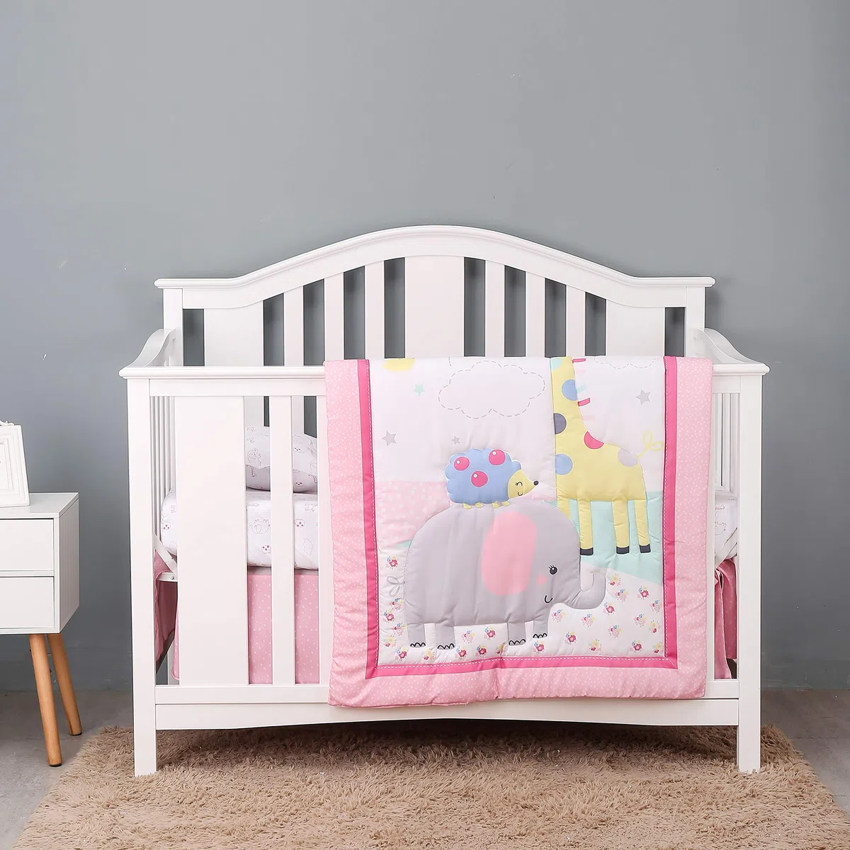 Brandream Babybettwäsche-Set für Mädchen, Jungen, Elefant, Kinderzimmer-Bettwäsche mit Bettdecke, Spannbetttuch, Bettrock, Windel, stapelbar, Dschungeltiere, Elefant, Giraffe, Vogeldruck, 4-teilig