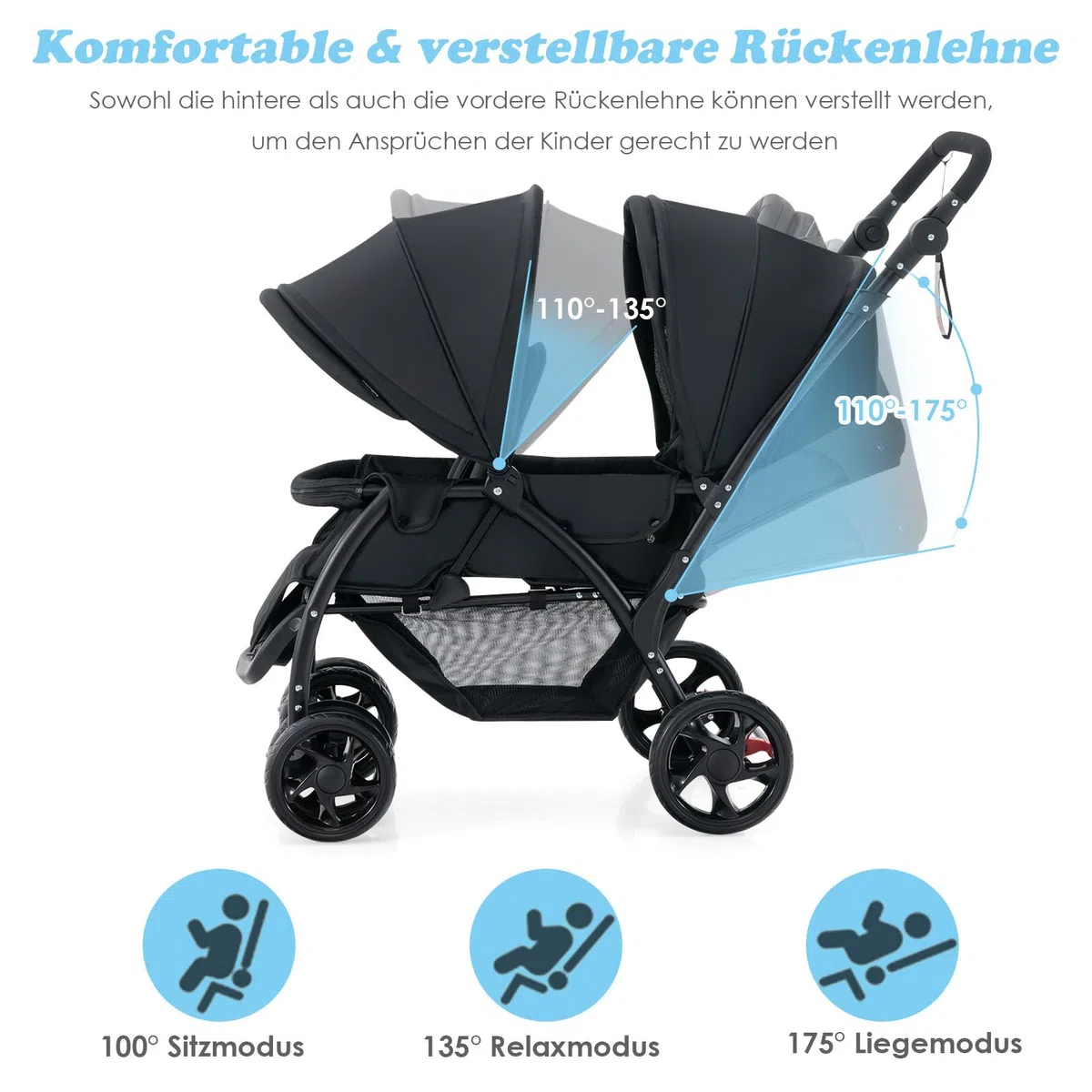 DREAMADE Geschwisterwagen 2 in 1, Doppelkinderwagen Faltbar, Babywagen mit Doppelsitz, Grau
