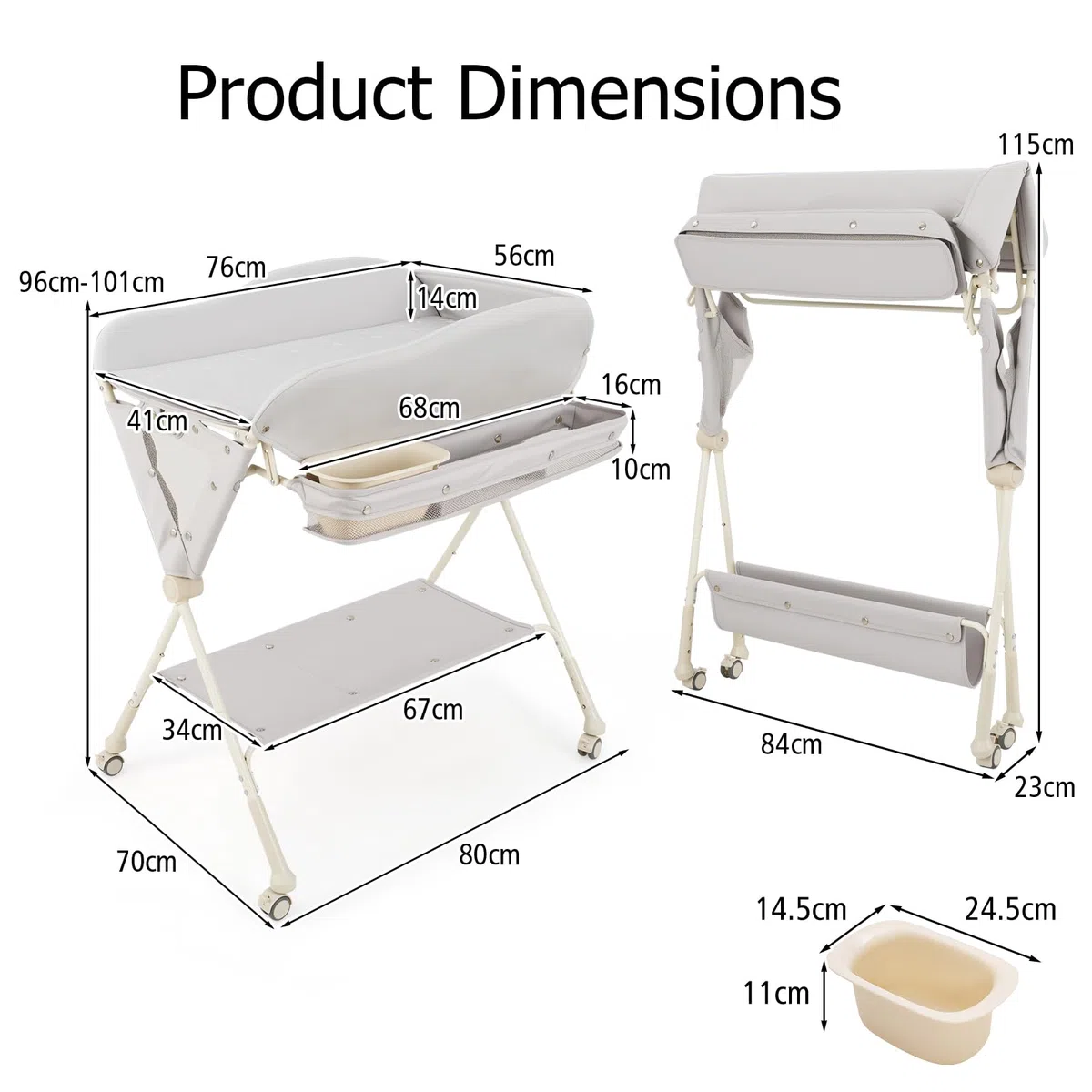 LIFEZEAL Baby Wickeltisch, Wasserfeste Badewanne, Wickelauflage faltbar aus Waldorf-Strickstoff und PP, 11 KG Tragkraft, für Babys 0-6 Monate (Grau)