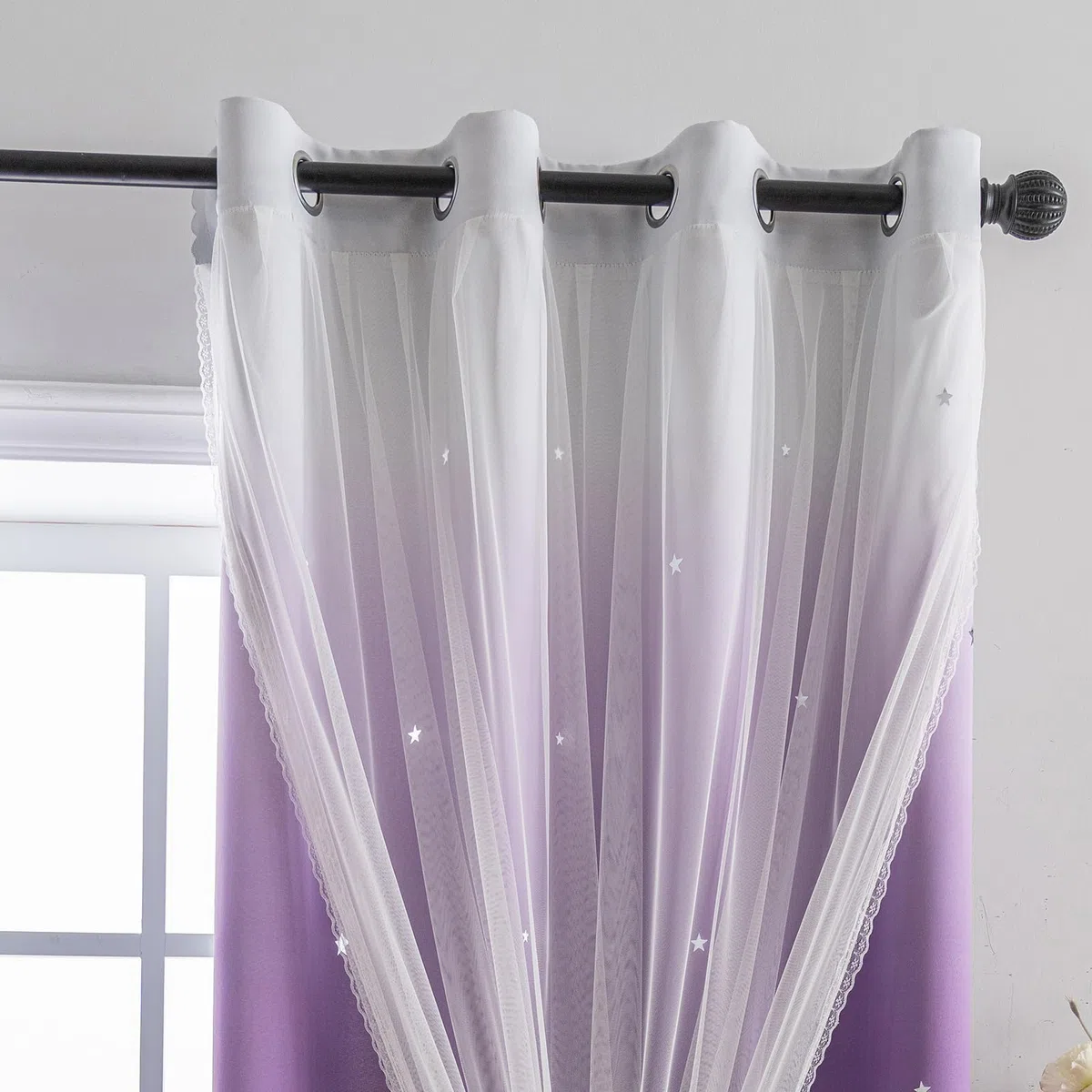 indistar Verdunklungsvorhänge für Schlafzimmer, 2-lagiges Design aus Stoff und Tüll, hübscher Fenstervorhang für Kinderzimmer, 1 Paneel (B132 x L213 cm Dunkelviolett)