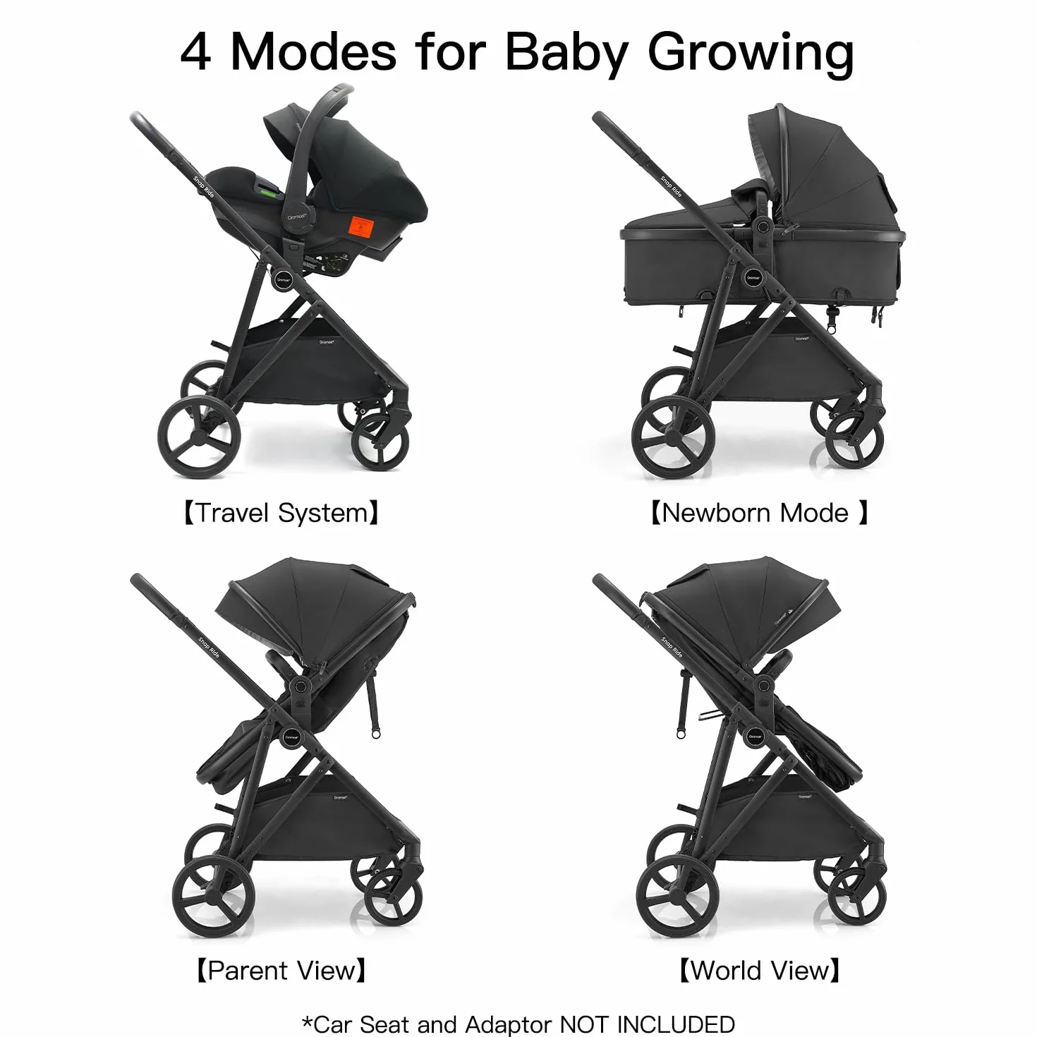 Gromast 3-in-1-Kinderwagen, wandelbarer Kinderwagen für Neugeborene, Säuglinge und Kleinkinder mit umkehrbarem Sitz, Sonnendach mit Lichtschutzfaktor 50+ und Getränkehalter – Schwarz