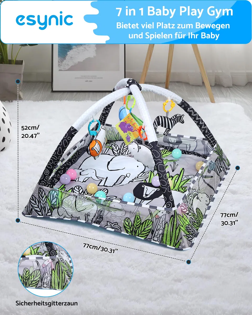 eSynic Baby Gym Spielmatte Spielbogen 7 in 1 Kickin' Tunes Spieldecke Krabbeldecke mit 5 Abnehmbaren Spielzeugen Montessori für Babys von 0-18 Monaten Schwarz-Weiß Kontrast 18 Spielbälle