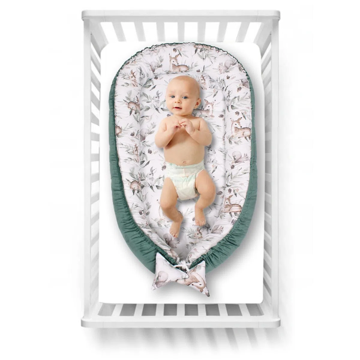 PaLulli Kuschelnest 2-seitig Babynest Babynestchen Baby Nest Nestchen Reisebett Wickelauflage Kuschelbett, Kokon Kokon für Babybett - Babys und Säuglinge, 100% Baumwolle Oeko TEX (Grüne Hirsche)