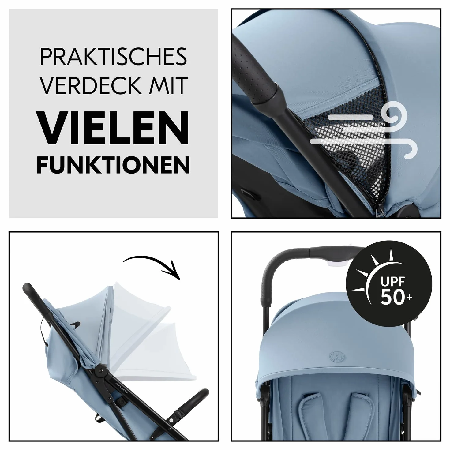 Hauck Travel N Care Dusty Blue Reisebuggy Einhändig Klappbar Leichter Buggy mit Tragegurt Kopfpolster Stretch-Stoff Liegeposition bis 22 kg UV-Schutz 50+ PU Räder