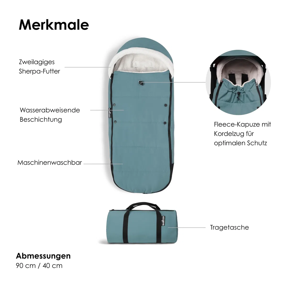 BABYZEN YOYO Fußsack, Aqua - Sherpa-Futter und Fleece-Kapuze mit Kordelzug hüllen das Baby in wohlige Wärme - Inklusive Tragetasche - Maschinenwaschbar