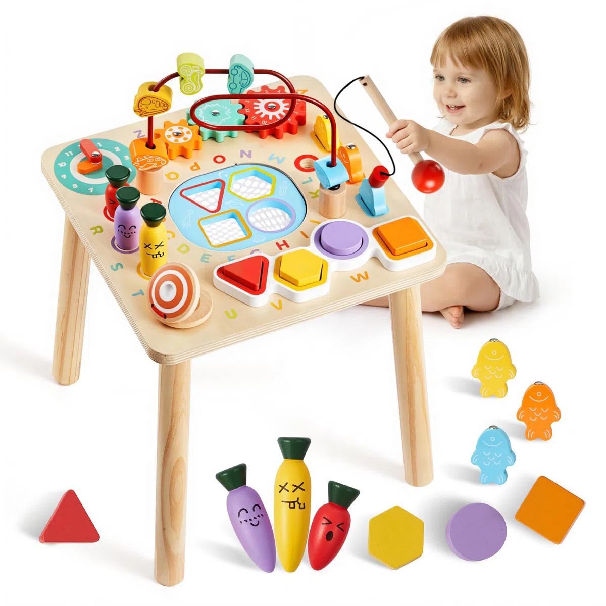 VEVOR Holz Aktivitätstisch, Montessori Spielzeug, 8-in-1-Lerntisch, Spieltisch Aktivitätstisch für Kinder ab 6 Monaten, Geburtstag, Weihnachten oder Kindertag, 6-36 Monate