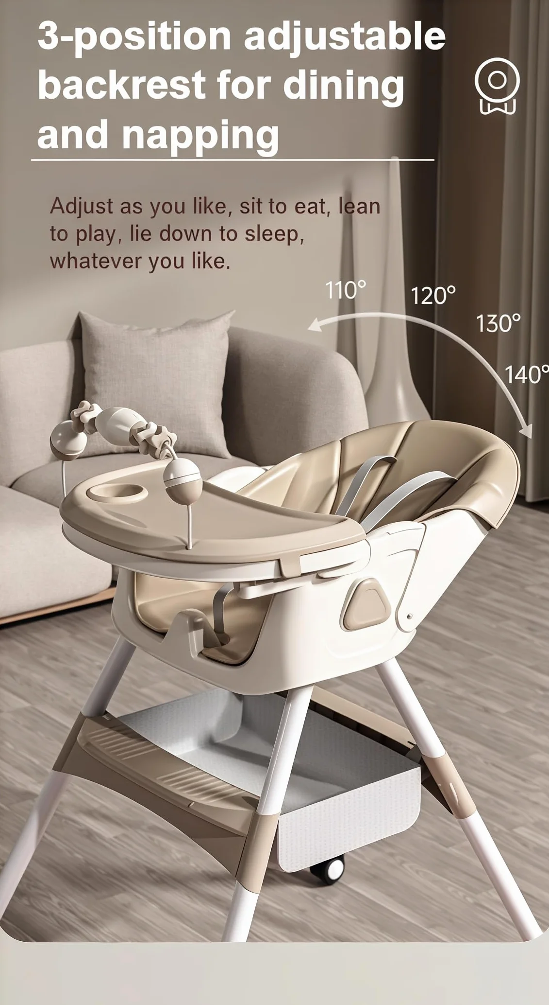 MoLi PU-Leder Hochstuhl Baby mit Schaukelfunktion, Hochstuhl mit Rädern, Verstellbarer und Leicht Zusammenklappbarer Kinderhochstuhl, Hochstühle mit Doppeltablett (560 Khaki)