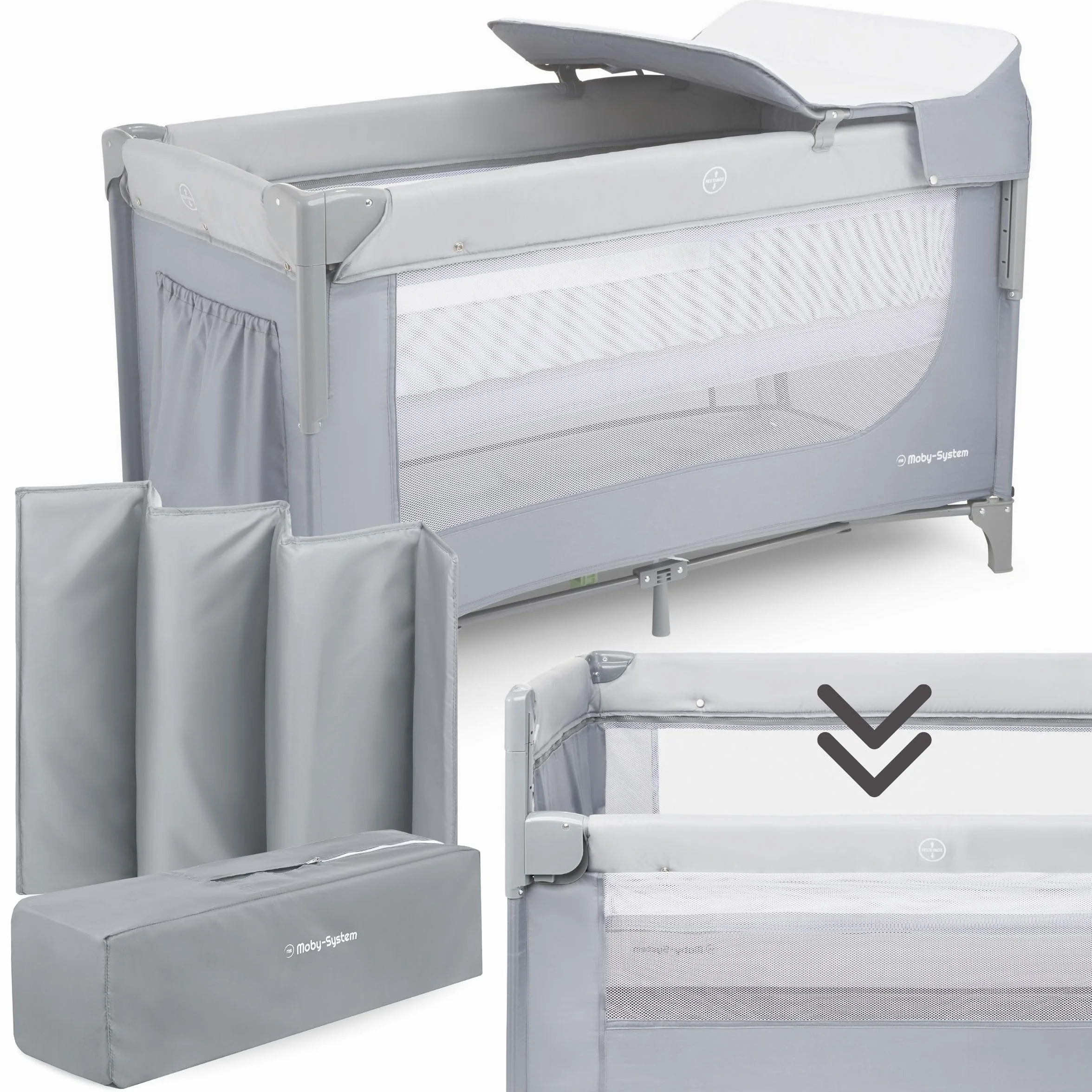 Moby-System Closely 3in1 Beistellbett Baby - Reisebett Baby mit Wickelauflage, Matratze, Transporttasche - Höhenverstellbares Beistellbett, Laufstall (6 Teile)