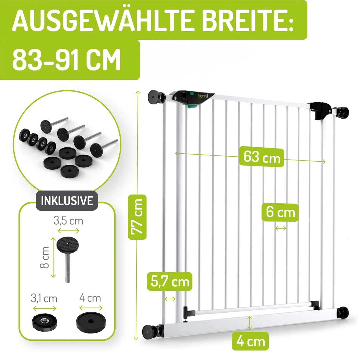 BOMI Schutzgitter Mira XXL Tür | Zum Klemmen | Schließt automatisch | Türschutzgitter schmal weiß Metall Selbstschließend | Treppenschutzgitter Türgitter Klemmgitter für Baby Welpe | Breite: 83-91 cm