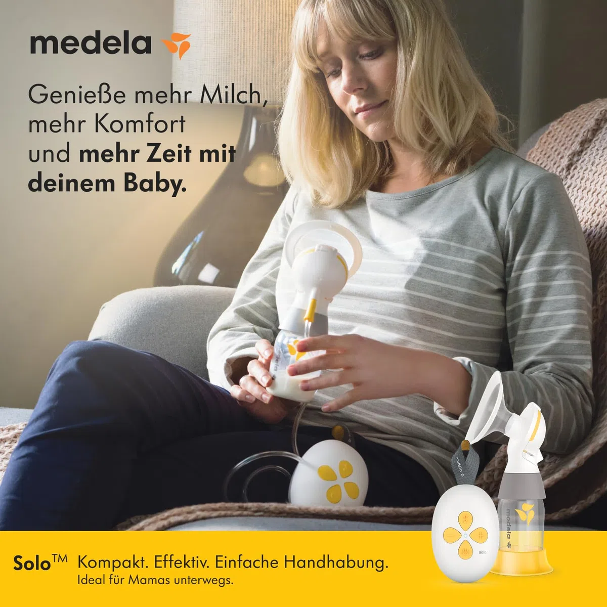 Medela Solo Elektrische Einseitige Milchpumpe – Leiser Betrieb – Aufladbar über USB – Mit PersonalFit Flex Brusthaube und Medela 2-Phase-Expression-Technologie