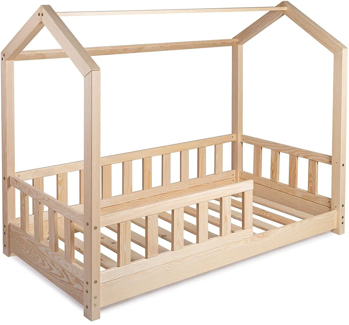 Kinderbett Bett Hausbett 60x120 mit Rausfallschutz Latternost Bettgestell aus Kiefer Holz für Haus Kinder Jungen & Mädchen - Holzbett Baby Kinderzimmer Junge Deko (Rausfallschutz: MIT)