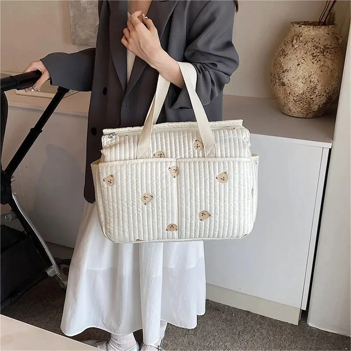 Wickeltasche Kinderwagen Tragbare Mama-Tasche, Handtasche mit hohem Fassungsvermögen, bestickte Bären-Mutter- und Kinder-Handtasche, Kinder-Flaschenwindel, Kinder-Kinderwagen-Tasche(Floral)