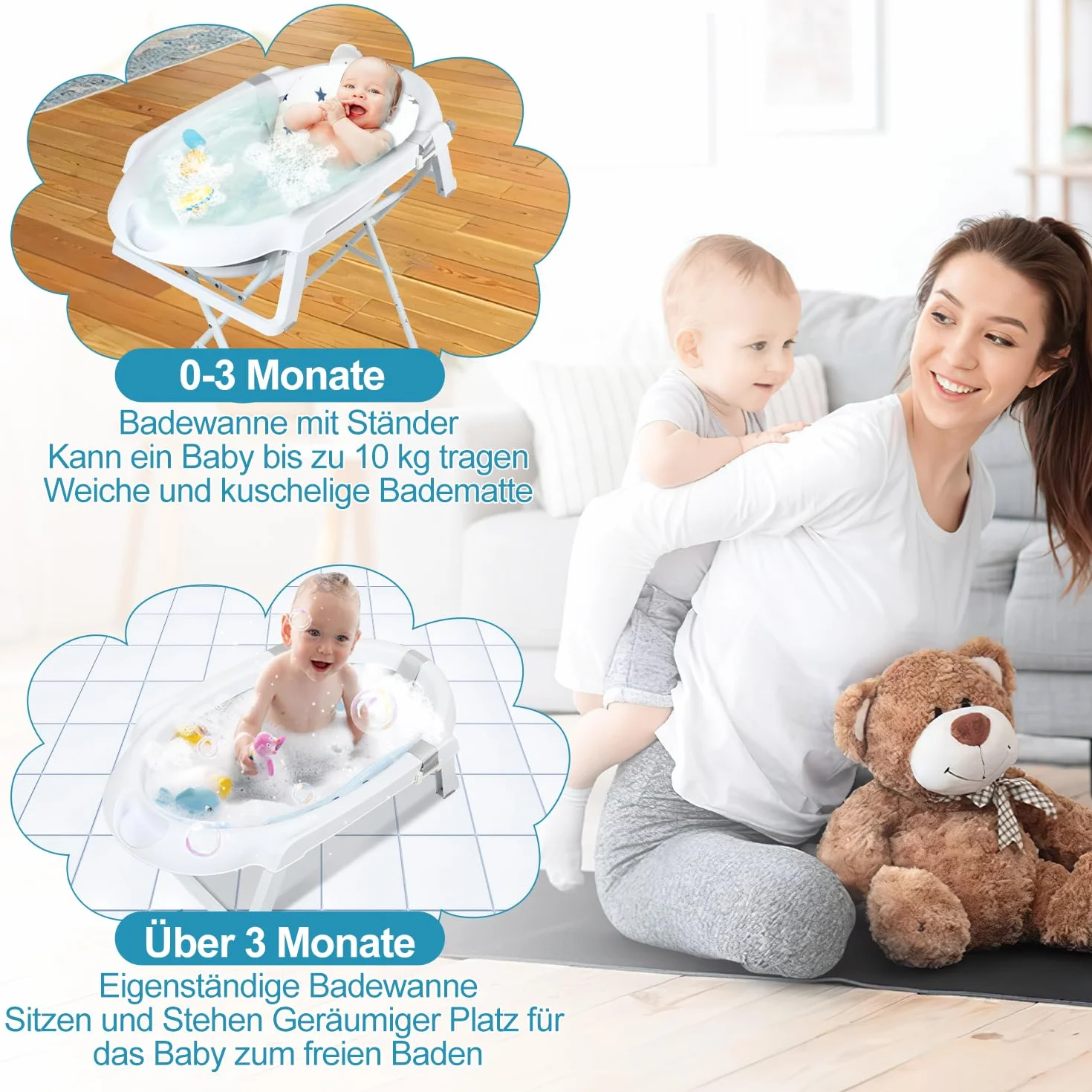 Baby Badewanne, Faltbar Babybadewanne mit Gestell 80cm, Baby Badewanne mit Temperatursensor und Bath Mat, Babybadewanne Neugeborene, Grau
