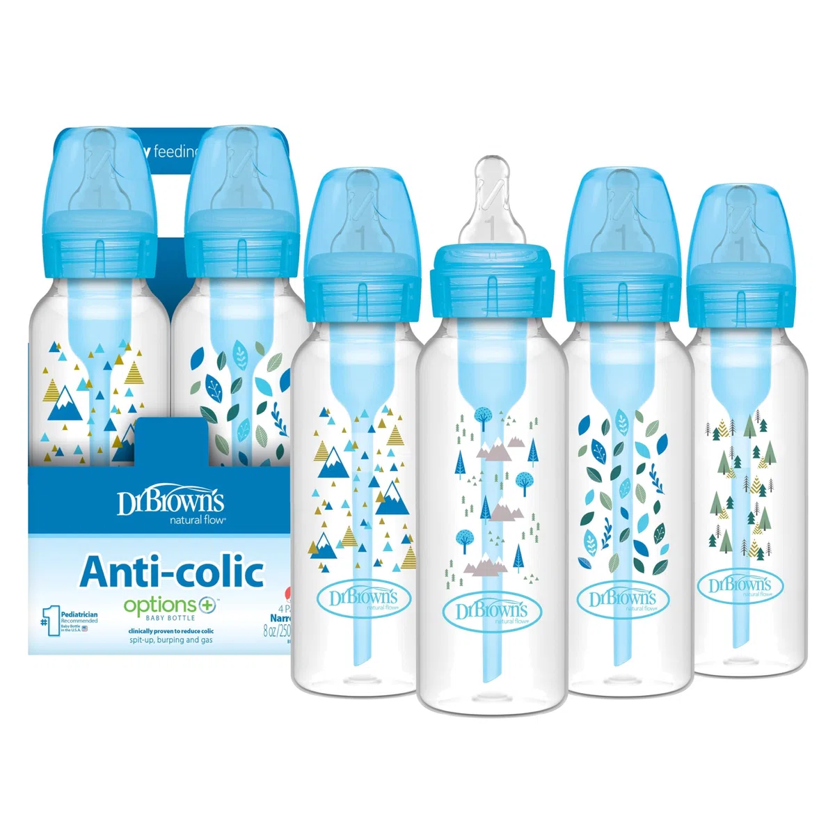 Dr. Brown's Options Babyflaschen, 250 ml, schmal, Blaue Natur, 4 Stück