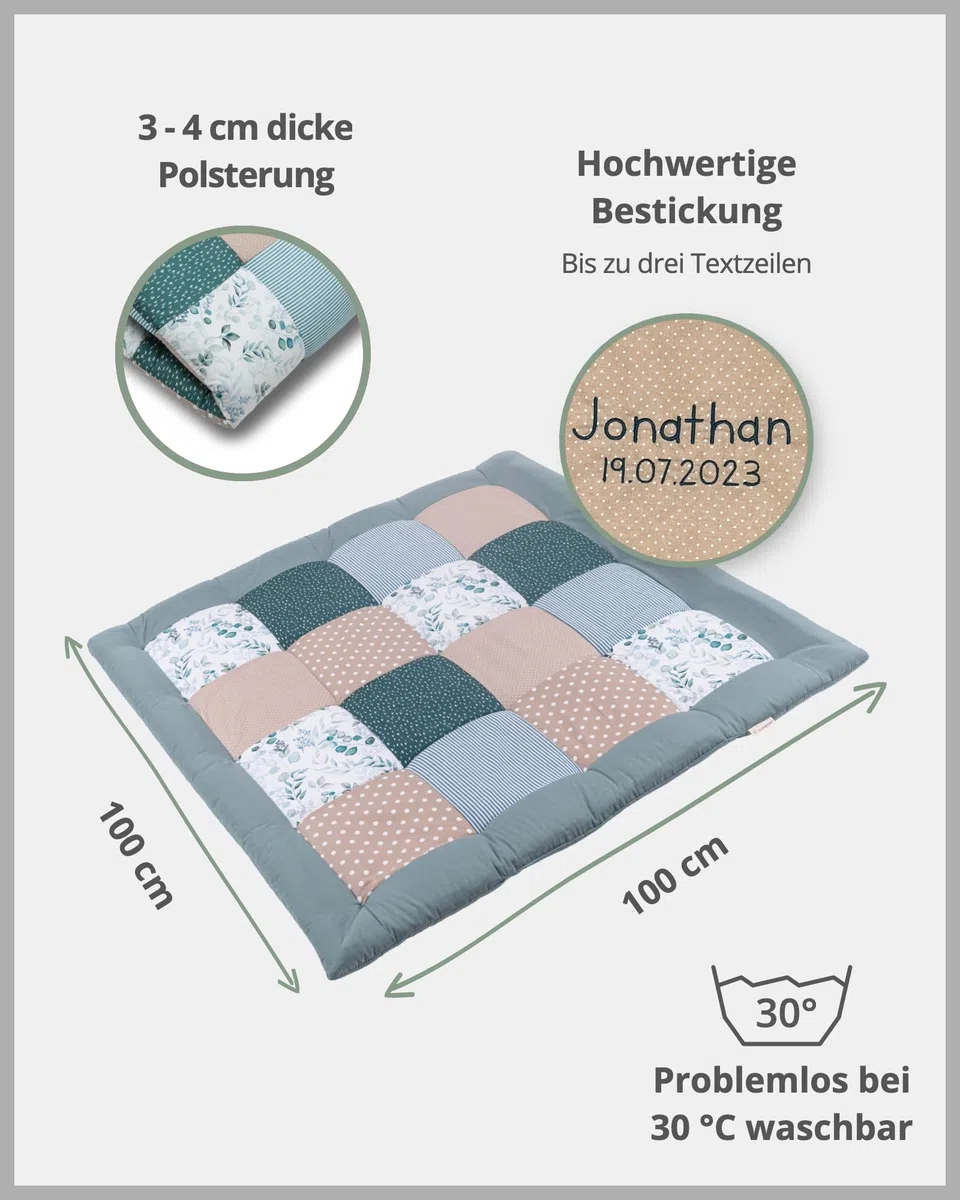 ULLENBOOM Krabbeldecke für Baby mit Personalisierung, 100% OEKO-TEX Materialien, Eukalyptus 100x100 cm - Babydecke mit Namen und Datum, ideal als Spieldecke und personalisiertes Geschenk zur Geburt