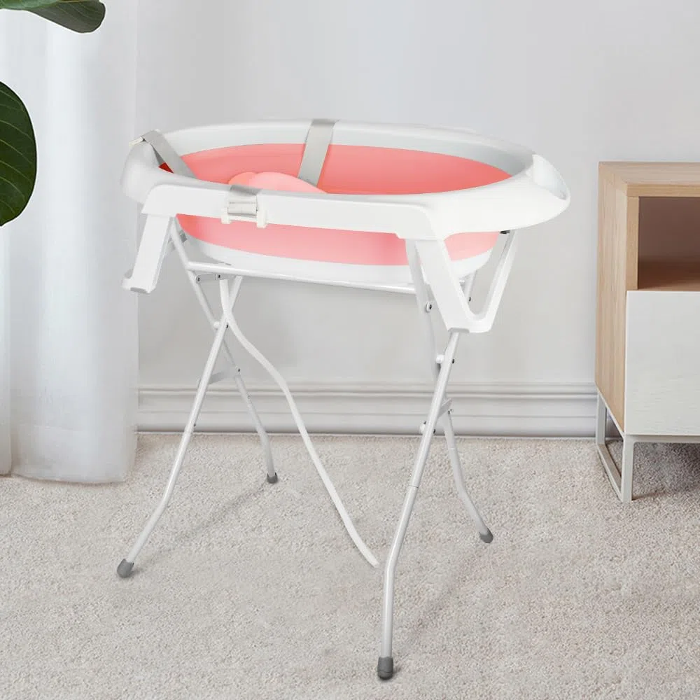 OHMG Baby Badewanne mit Gestell 82cm,Faltbare Babybadewanne mit Rutschfestem Ständer,Baby Wanne,Badewanneneinsatz Baby für Neugeborene Kleinkinder,Groß Volumen (Rosa-66x61x82cm)