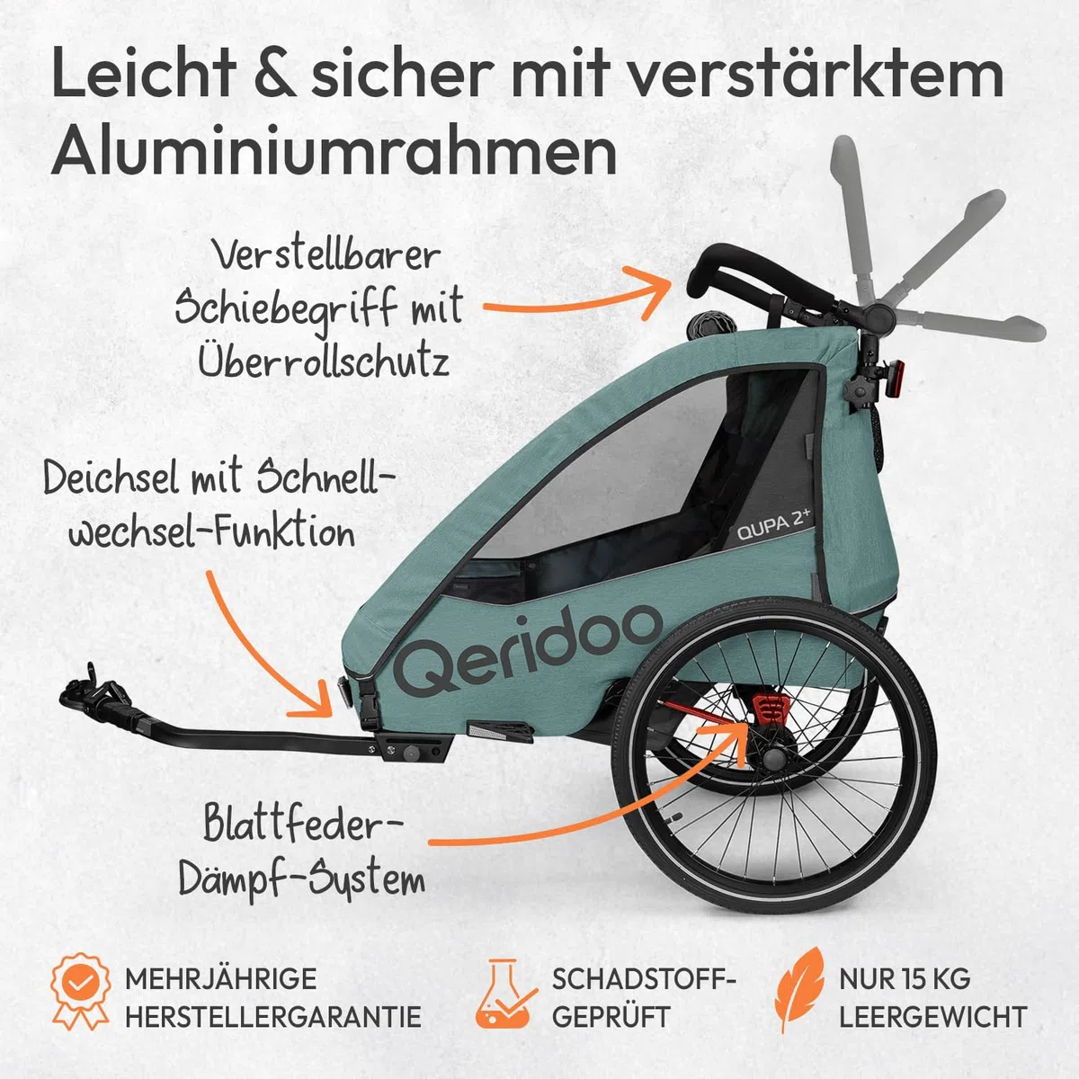 Qeridoo QUPA 2 Plus Mineral Blue | Fahrradanhänger für 2 Kinder mit Federung & 3-in-1-Verdeck | Kinderfahrradanhänger & Jogger Kinderwagen | Faltbarer Fahrrad Anhänger für Familie & Alltag