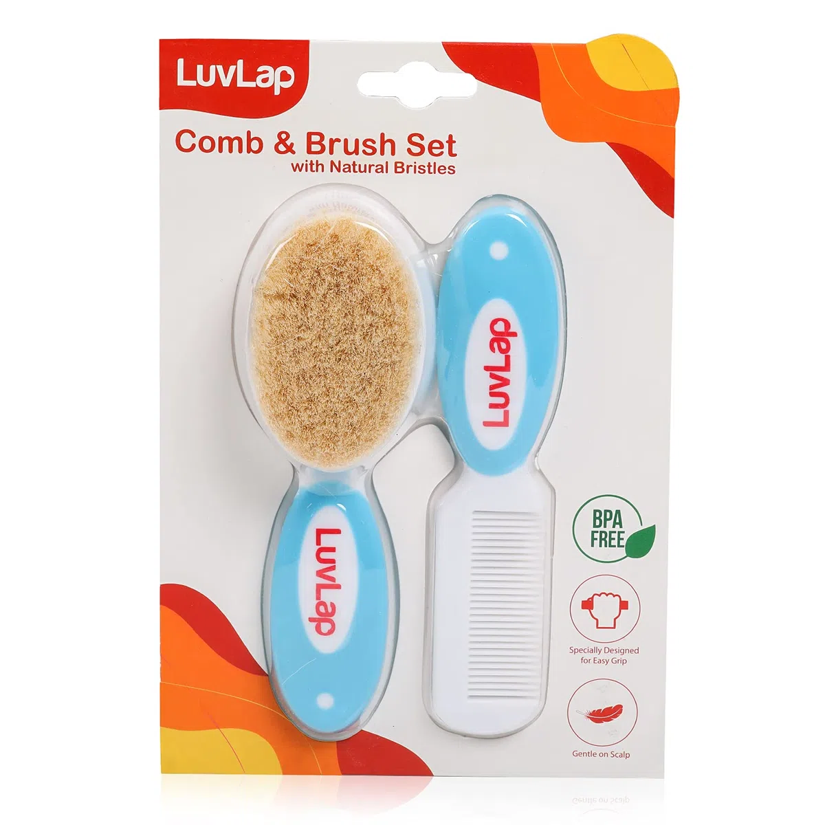LuvLap Babykamm mit abgerundeten Spitzen & Babyhaarbürste mit Naturborsten zur besseren Prrotektion der Baby-Kopfhaut, Weiß & Blau