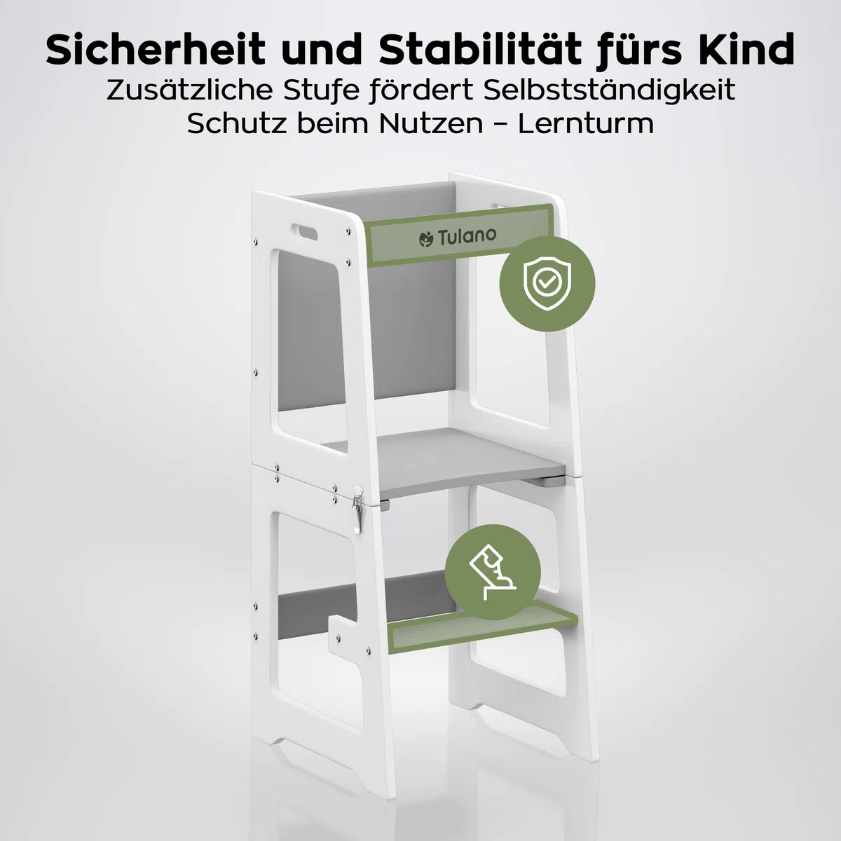 Tulano Mooby 35 Lernturm 3 in 1 für Kinder ab 1 Jahr - Stabil bis 60kg | Montessori Kitchen Helper umbaubar zu Tisch mit Stuhl & Maltafel - Kindermöbel aus MDF - Tritthocker Küche - Grau