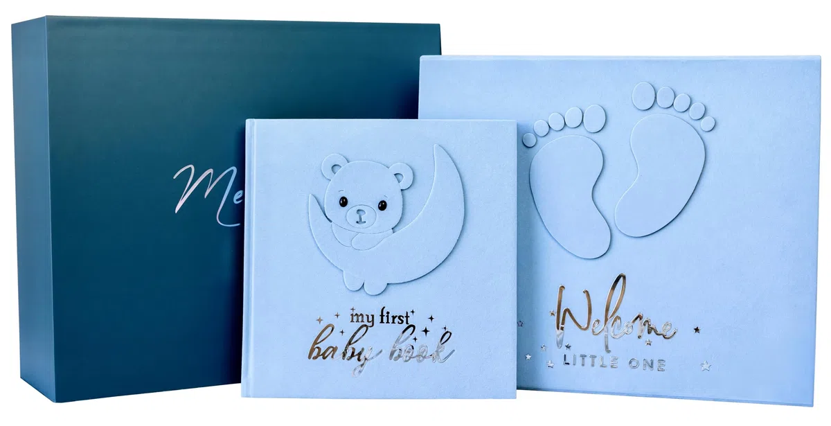 Baby Scrapbook und Fotoalbum mit Erinnerungsbox, Hand & Fußabdruck Kit, Baby erstes Jahr Journal, Fotoalbum für Neugeborene 0-12 Monate (Teddy Bear Boy, Blau)