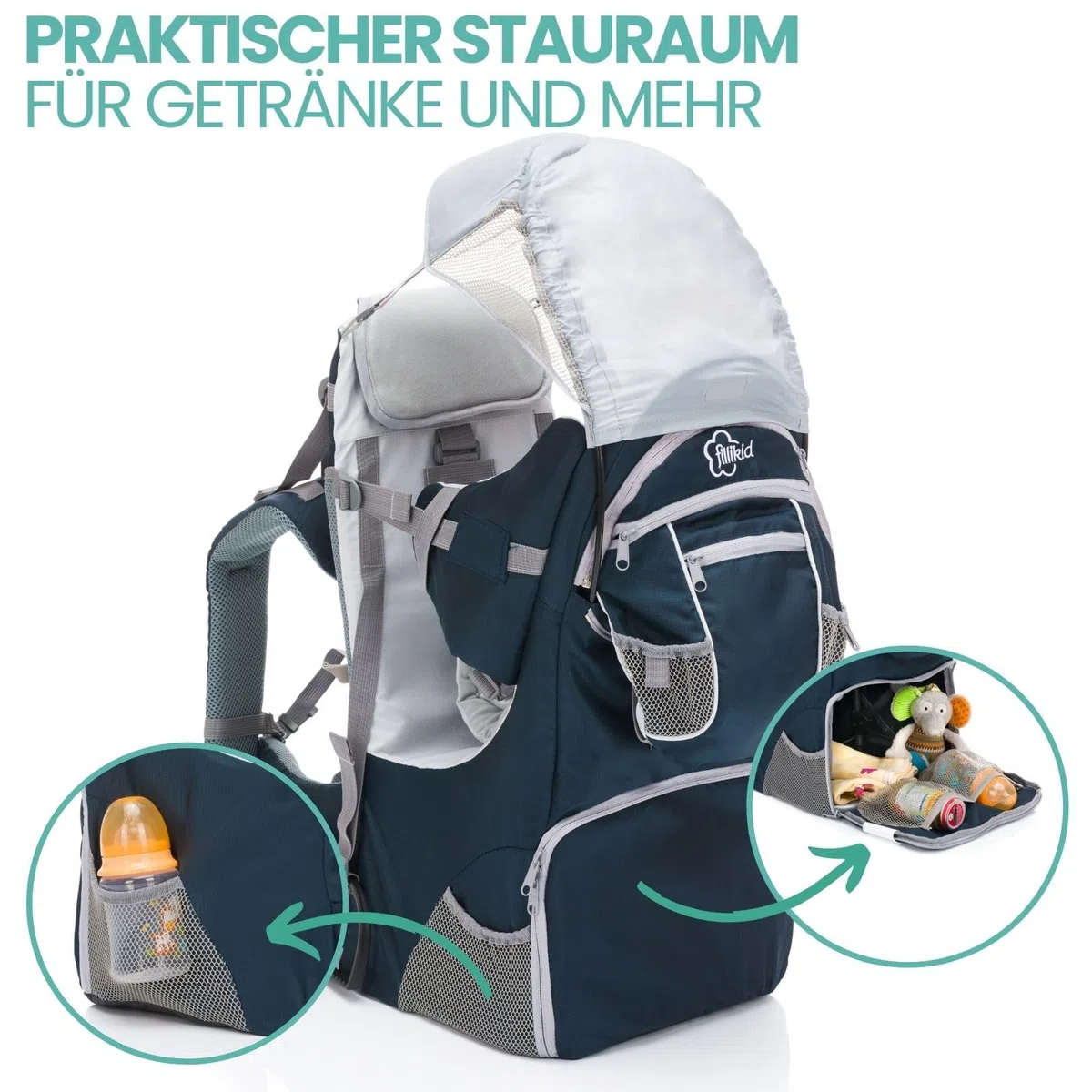 Fillikid Rückentrage - Rücken Babytrage mit Sonnenschutz, Gurt, Kinder Rucksack und Staufächern - Kraxe zum Wandern mit Baby und Kleinkind, bis 18 kg - Blau Grau