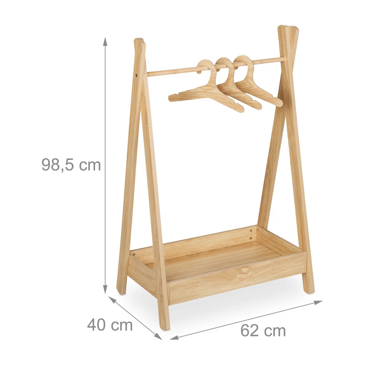 Relaxdays Kleiderständer Kinder, HBT 98,5 x 62 x 40 cm, 3 Kleiderbügel, Kleiderstange & Ablage, Kindergarderobe, natur