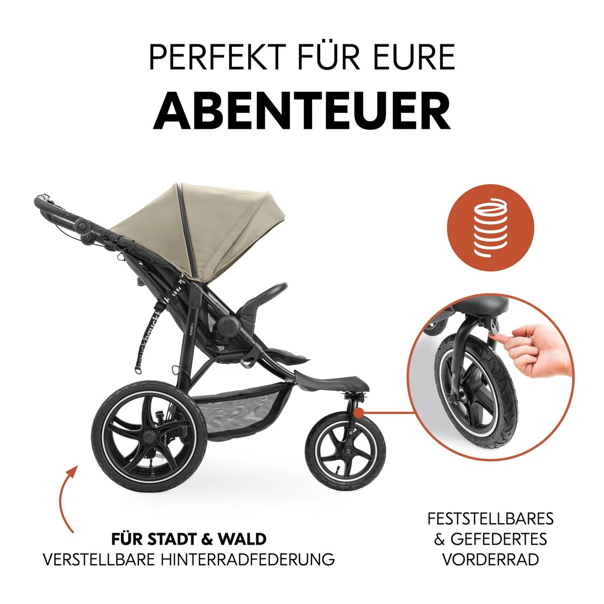 Hauck Runner 3 Olive Dreirad Kinderwagen Buggy mit XL Lufträder Federung Handbremse XL Sonnenverdeck ab Geburt bis 22 kg