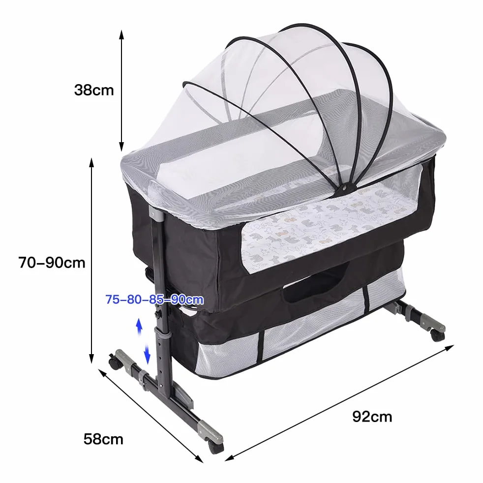 Codododo-Kinderbett mit Matratze und Moskitonetz, 2-in-1, Beistellbett für Babys von 0 bis 36 Monaten, faltbar, 2-in-1, Babywiege, Mobile Beistellbett (92 x 58 x 70-87 cm, schwarz)