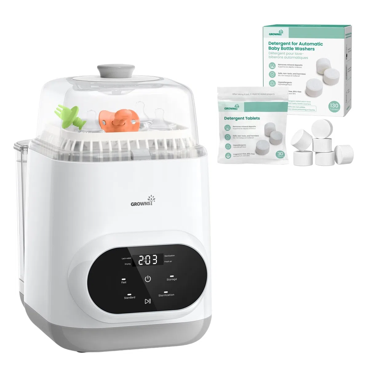 Grownsy Babyflaschenreiniger und Sterilisator&130 Stück Babyflaschen Reinigungstabletten