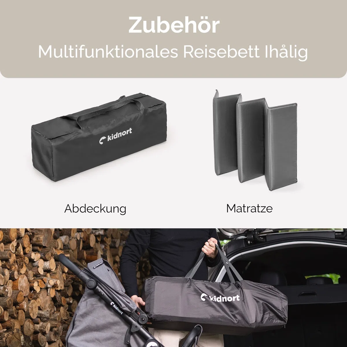 Grotta Reisebett Baby mit Matratze klappbares Babybett Kinderreisebett mit Seiteneinstieg Netzseiten 2 Rollen mit Bremse Tragetasche für Reise und Zuhause Dunkelgrau