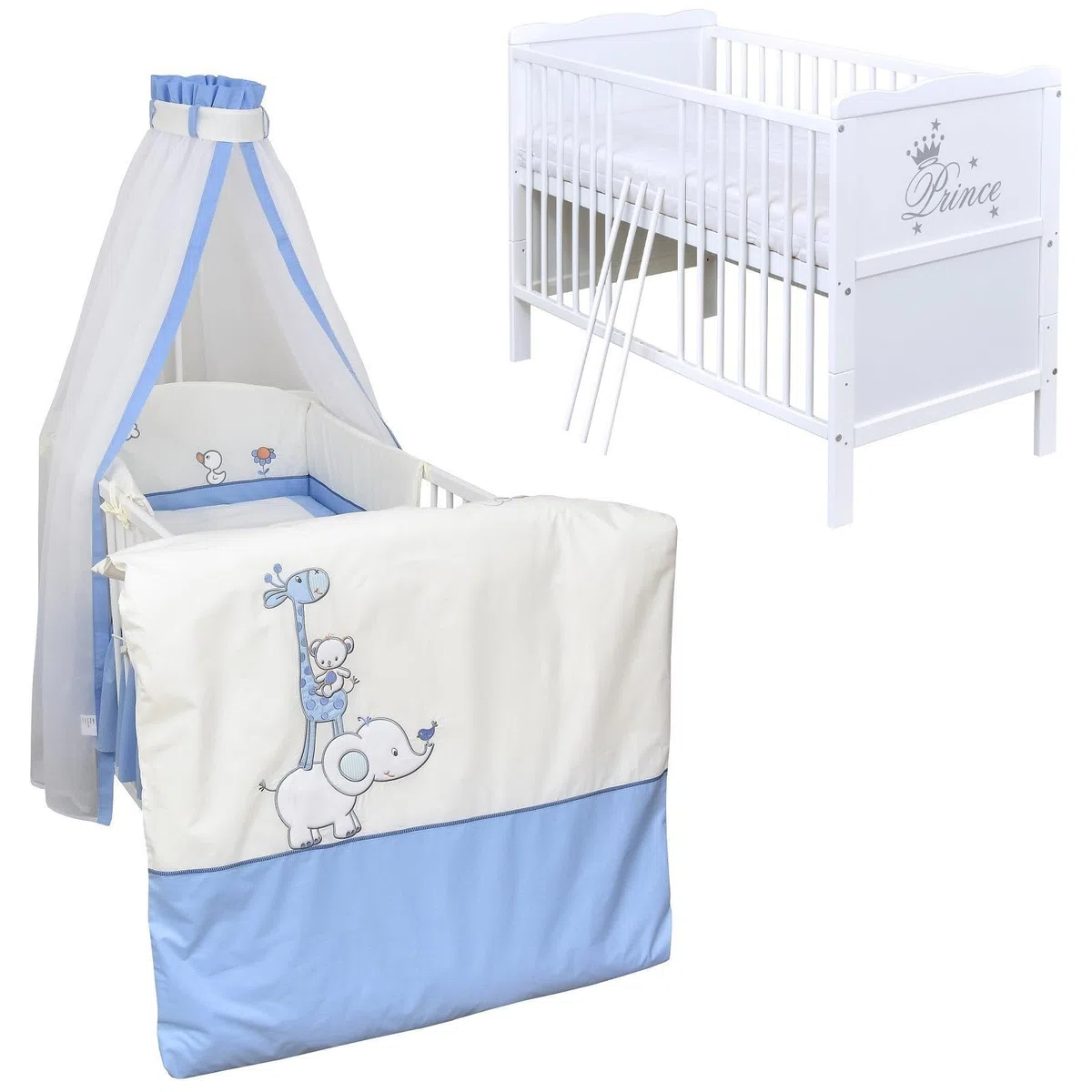 Babybett Komplett Set Max Prince 60x120 weiß Kinderbett umbaubar zum Juniorbett inkl. Bettwäsche Set Komplett (Zirkus blau)