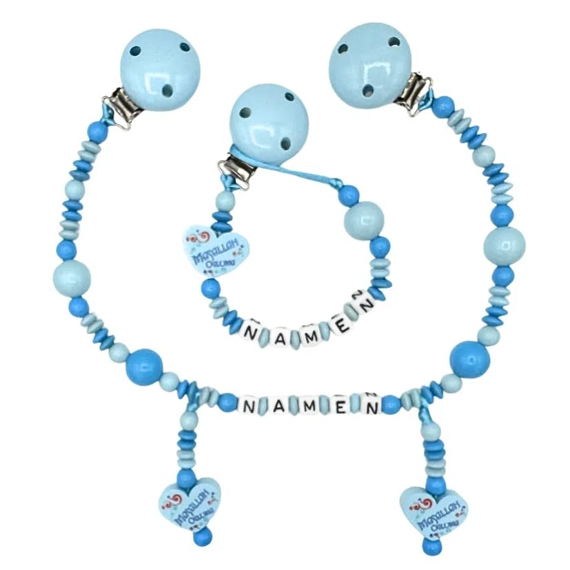 Set Nuckelkette + Kinderwagenkette mit Namen " M;ASALLAH OGLUMA " Babyblau Skyblau/Baby/Unisex/Personalisiert/HANDMADE