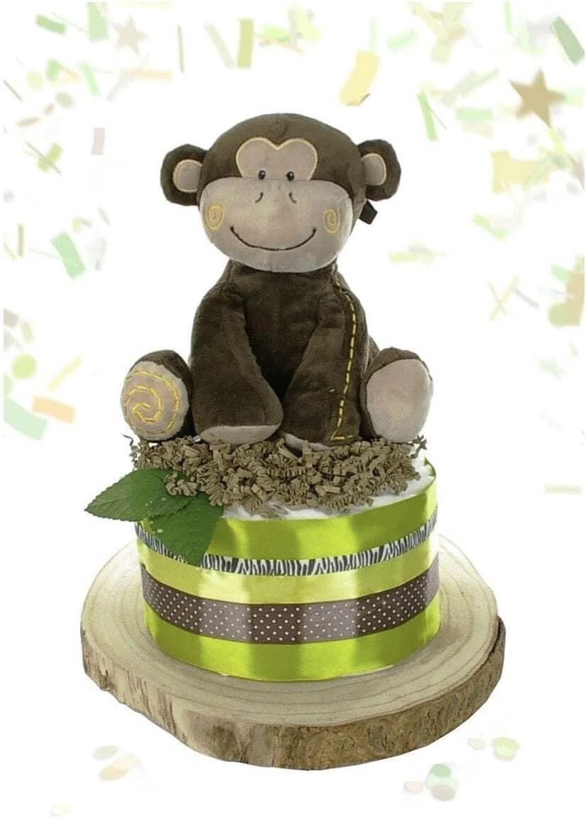 Windeltorte neutral SAFARI für Baby Jungen und Mädchen + große Affen Spieluhr | Geschenk zur Geburt Babyparty Babyshower (grün)